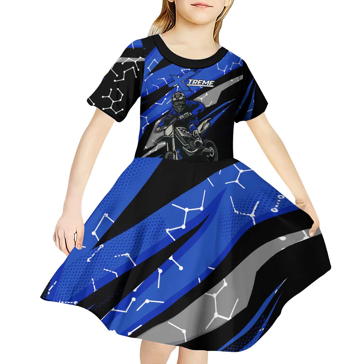 Personalized Extreme Motocross Kid Short Sleeve Dress with Blue Rider – Dirt Bike Racing Design - Wonder Print Shop
