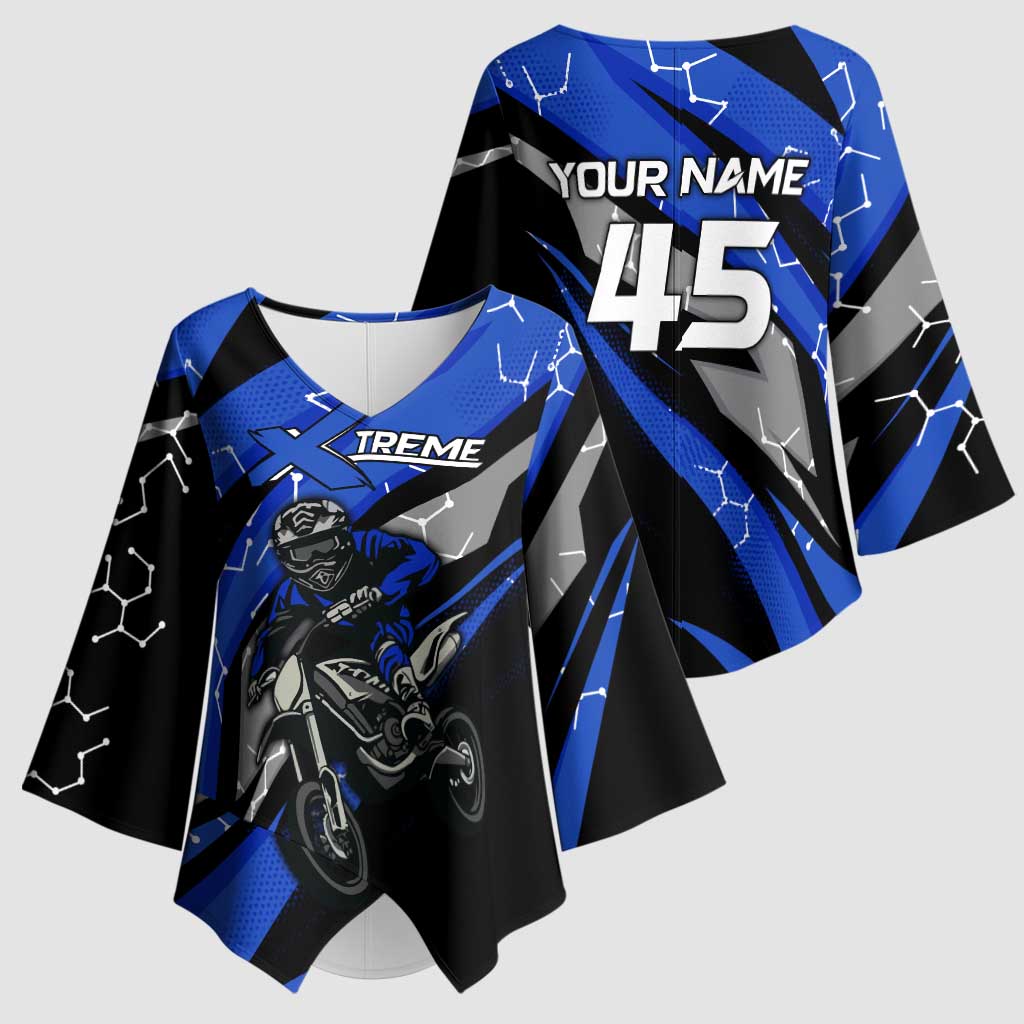 Personalized Extreme Motocross Kimono Sleeve Blouse with Blue Rider – Dirt Bike Racing Design - Wonder Print Shop