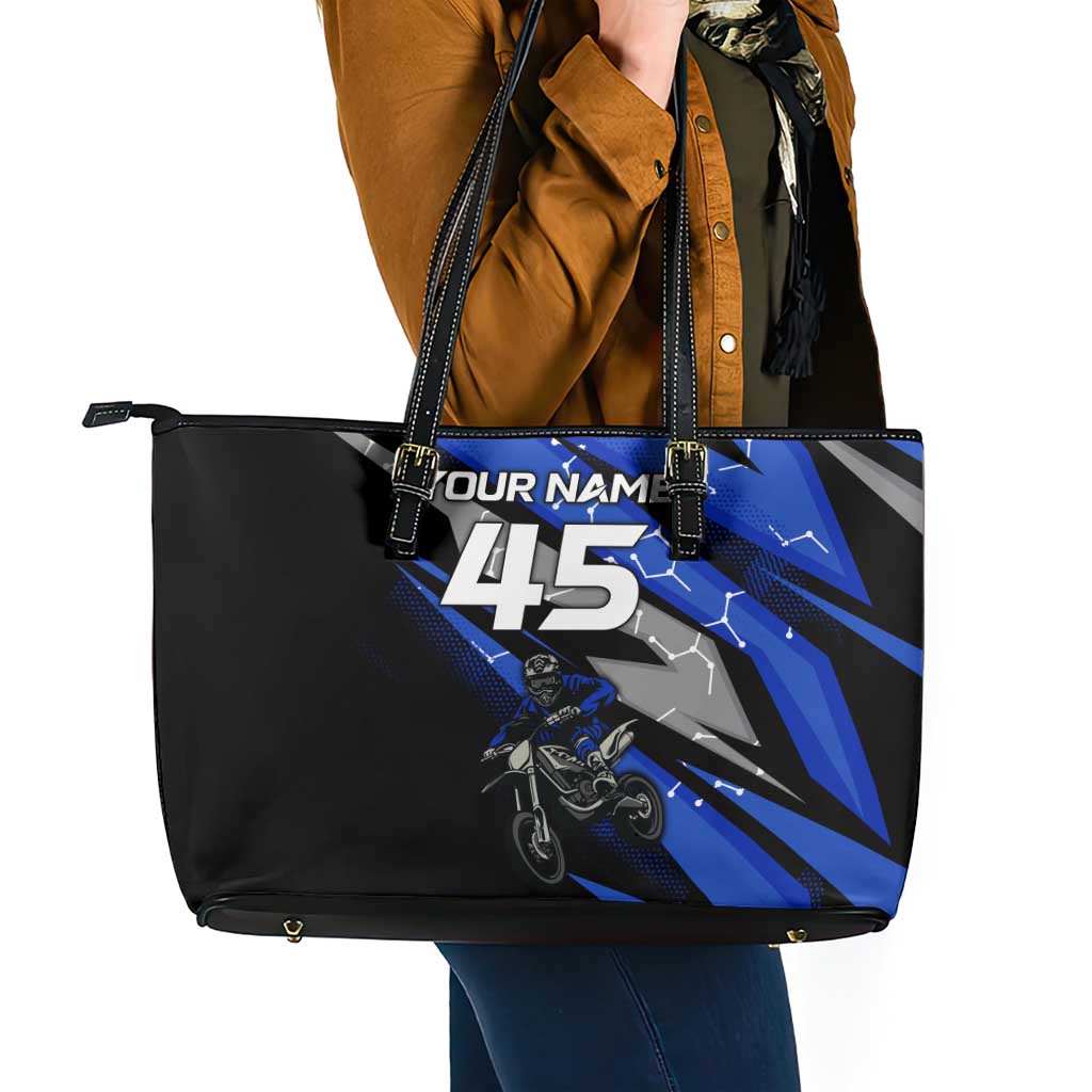Personalized Extreme Motocross Leather Tote Bag with Blue Rider – Dirt Bike Racing Design - Wonder Print Shop