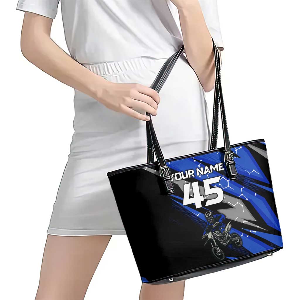 Personalized Extreme Motocross Leather Tote Bag with Blue Rider – Dirt Bike Racing Design - Wonder Print Shop