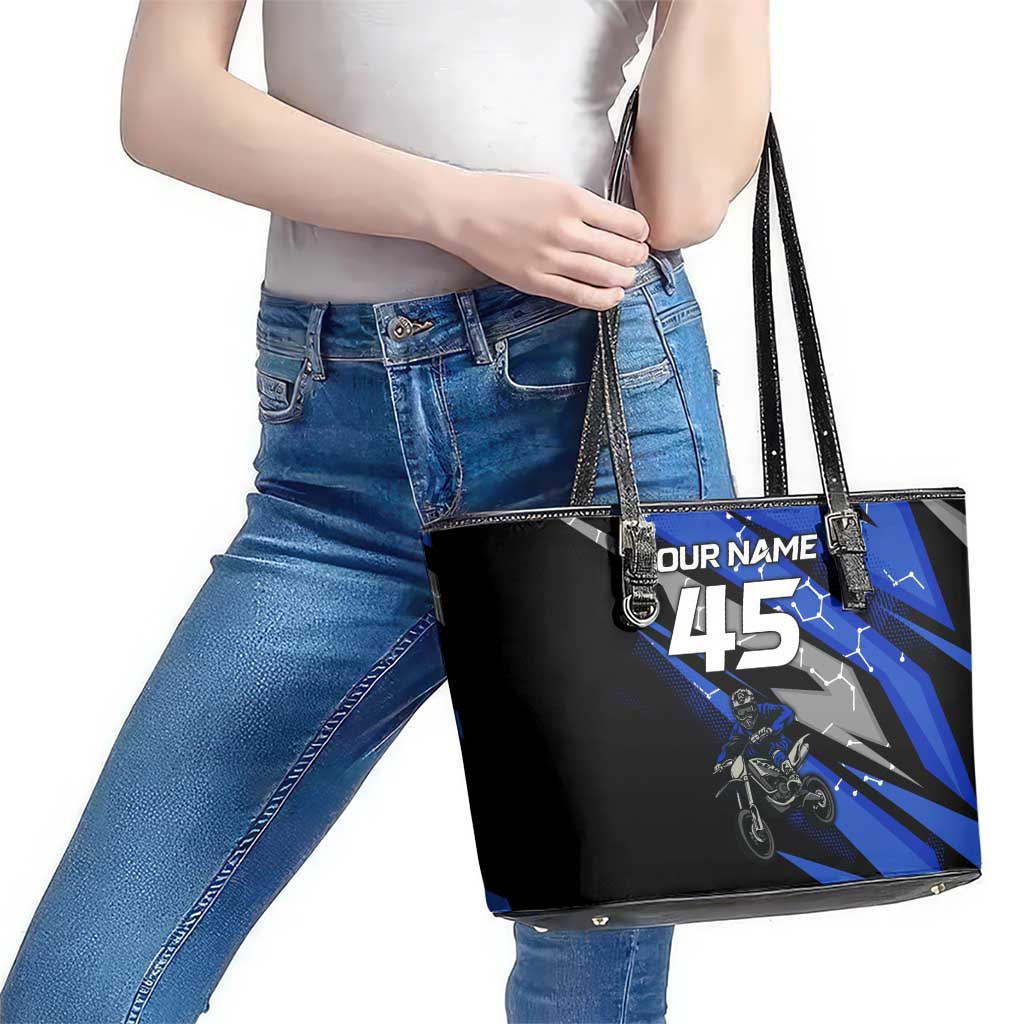 Personalized Extreme Motocross Leather Tote Bag with Blue Rider – Dirt Bike Racing Design - Wonder Print Shop
