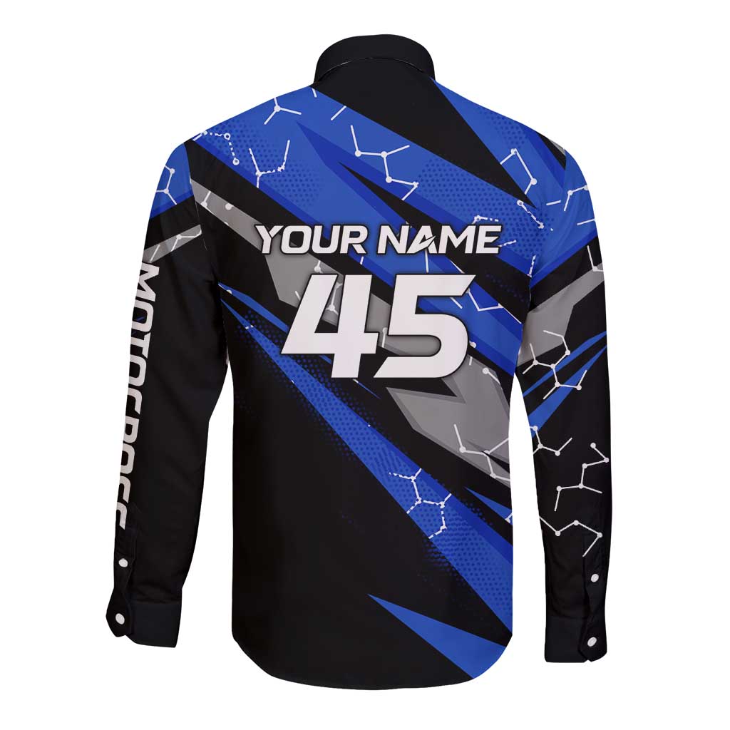 Personalized Extreme Motocross Long Sleeve Button Shirt with Blue Rider – Dirt Bike Racing Design - Wonder Print Shop