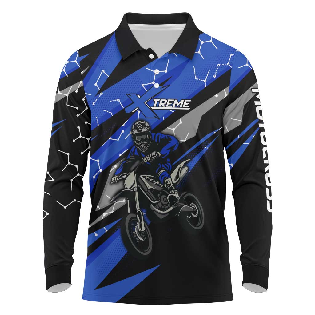 Personalized Extreme Motocross Long Sleeve Polo Shirt with Blue Rider – Dirt Bike Racing Design - Wonder Print Shop