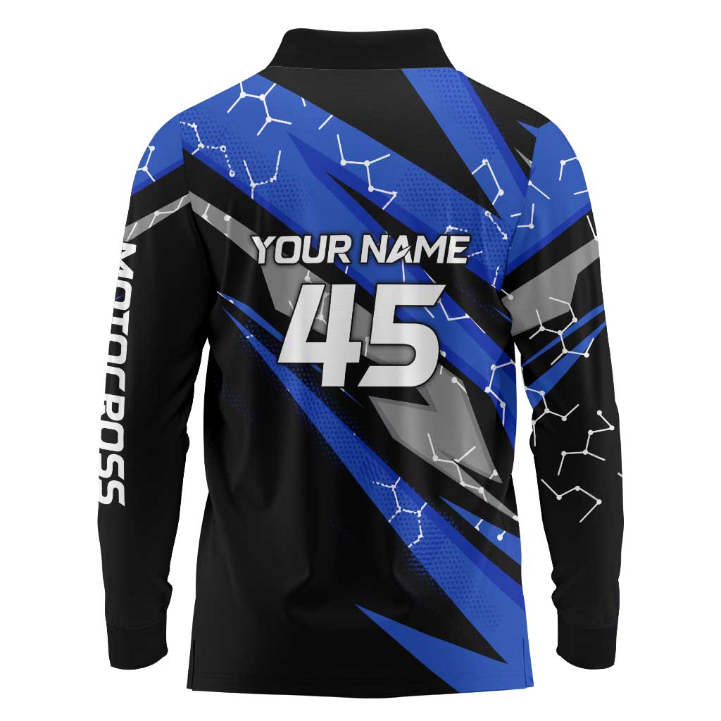 Personalized Extreme Motocross Long Sleeve Polo Shirt with Blue Rider – Dirt Bike Racing Design - Wonder Print Shop