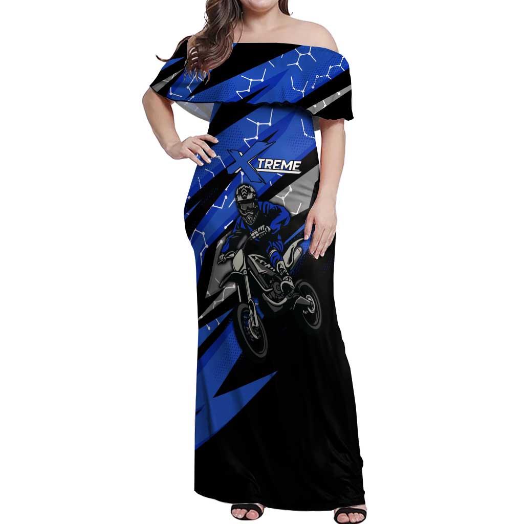 Personalized Extreme Motocross Off Shoulder Maxi Dress with Blue Rider – Dirt Bike Racing Design - Wonder Print Shop