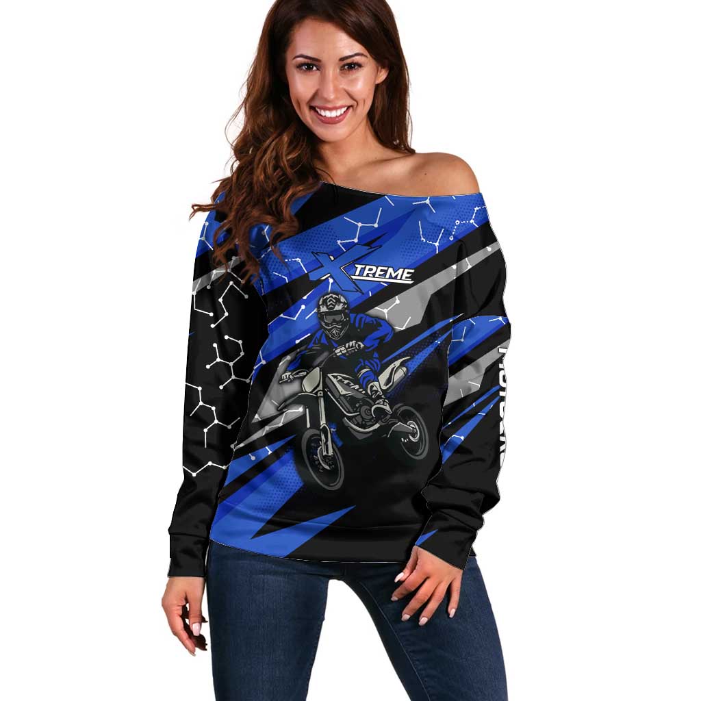 Personalized Extreme Motocross Off Shoulder Sweater with Blue Rider – Dirt Bike Racing Design - Wonder Print Shop