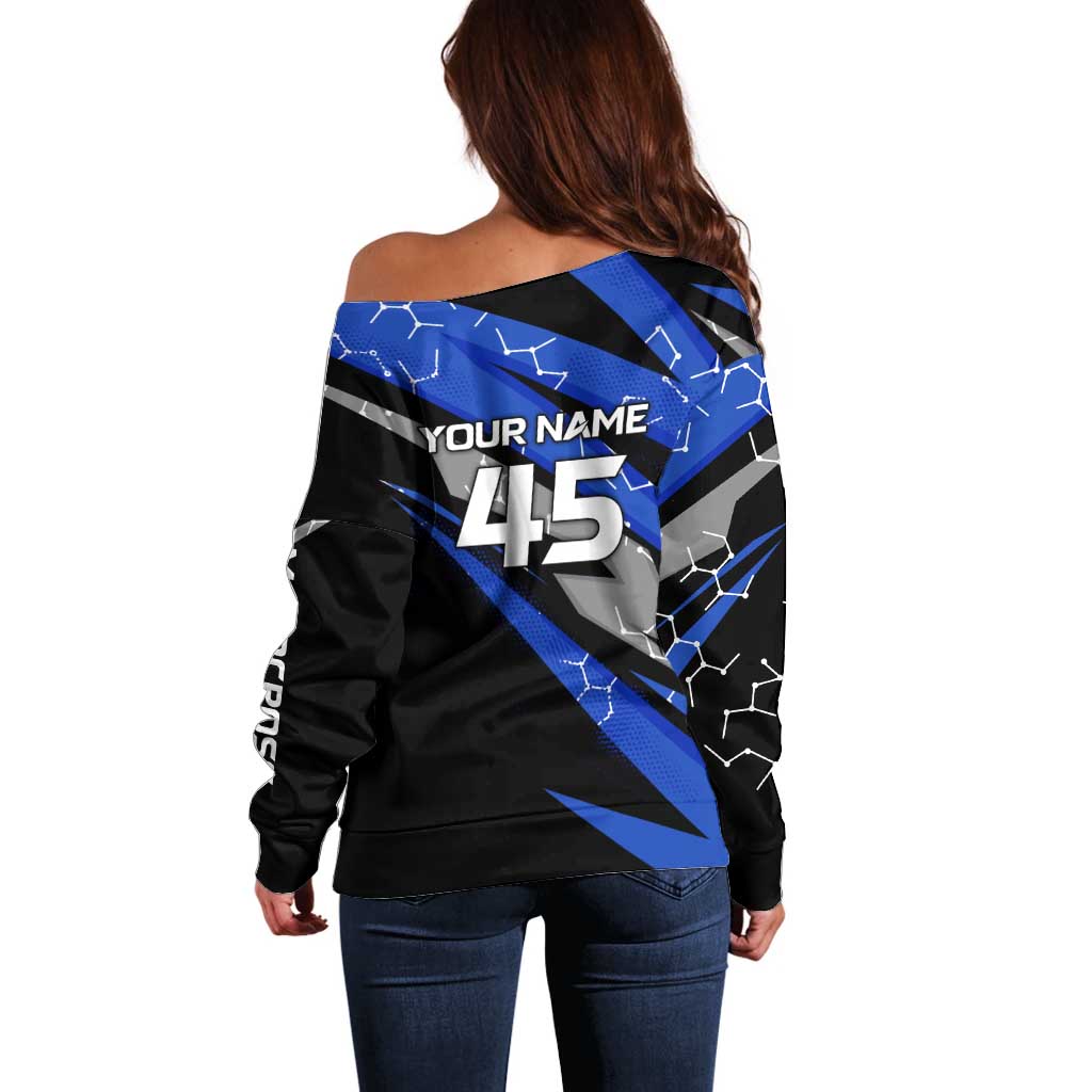 Personalized Extreme Motocross Off Shoulder Sweater with Blue Rider – Dirt Bike Racing Design - Wonder Print Shop