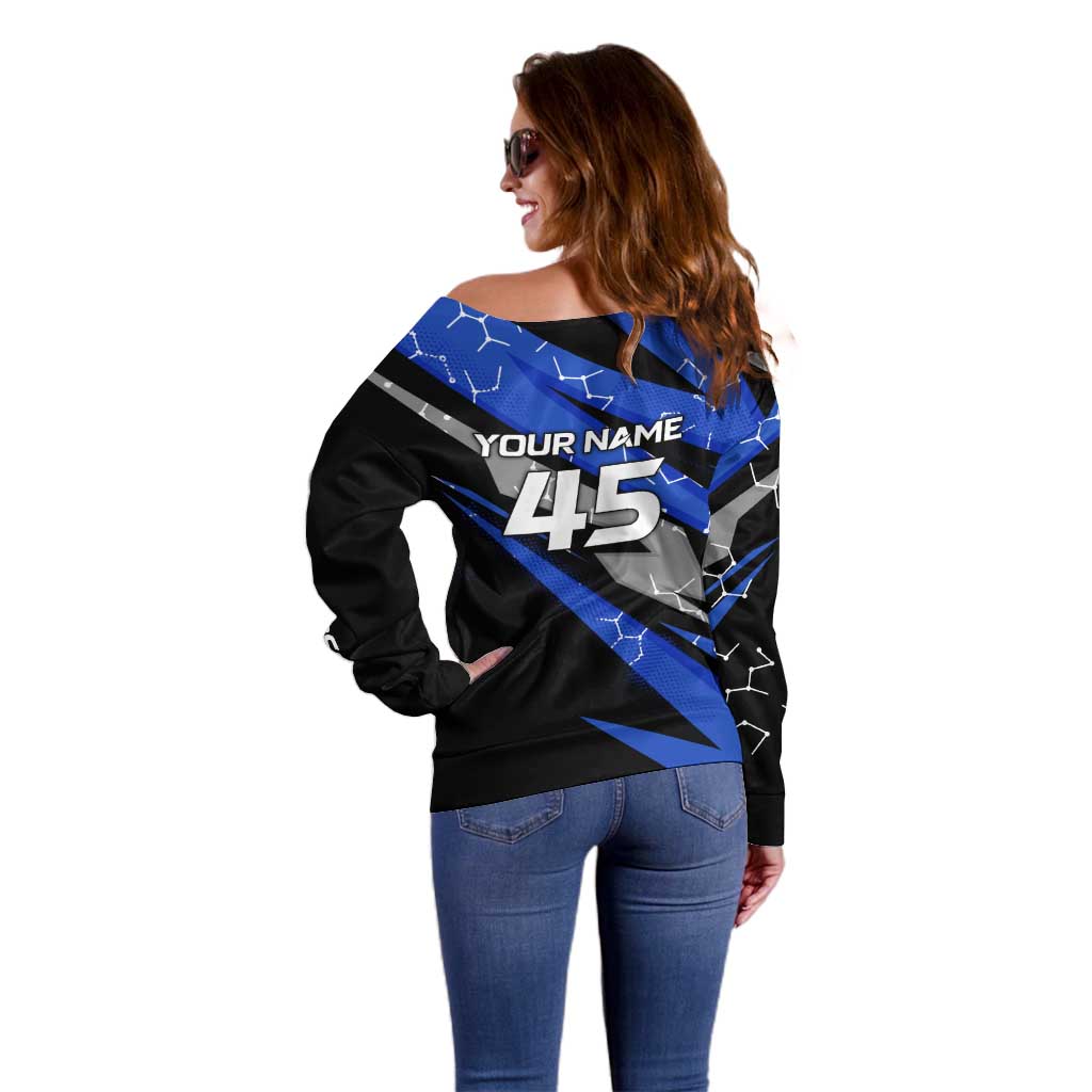 Personalized Extreme Motocross Off Shoulder Sweater with Blue Rider – Dirt Bike Racing Design - Wonder Print Shop