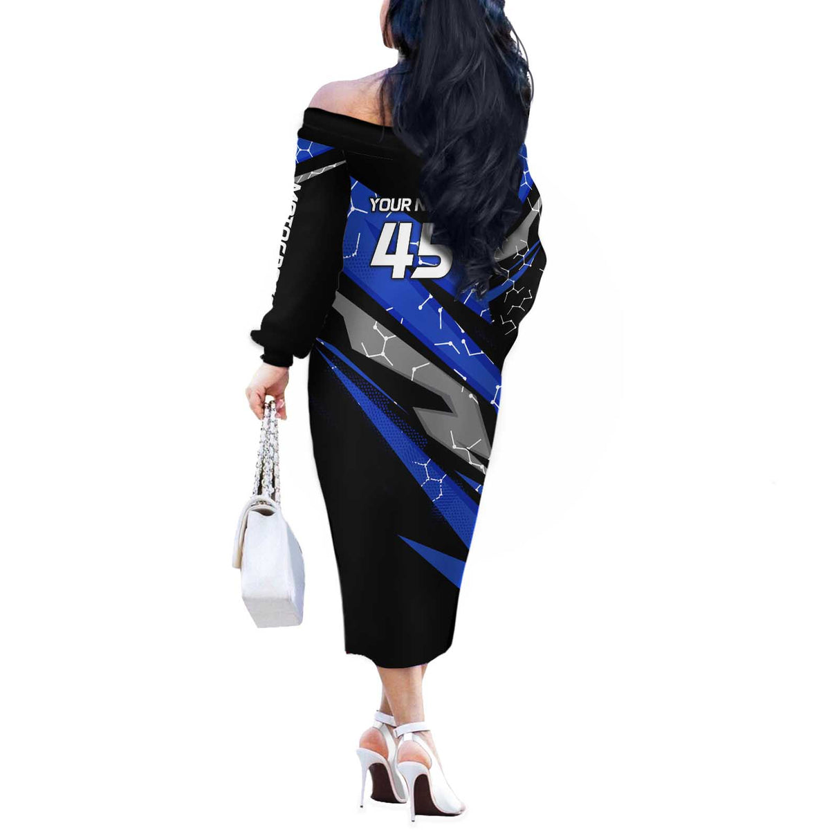 Personalized Extreme Motocross Off The Shoulder Long Sleeve Dress with Blue Rider – Dirt Bike Racing Design - Wonder Print Shop