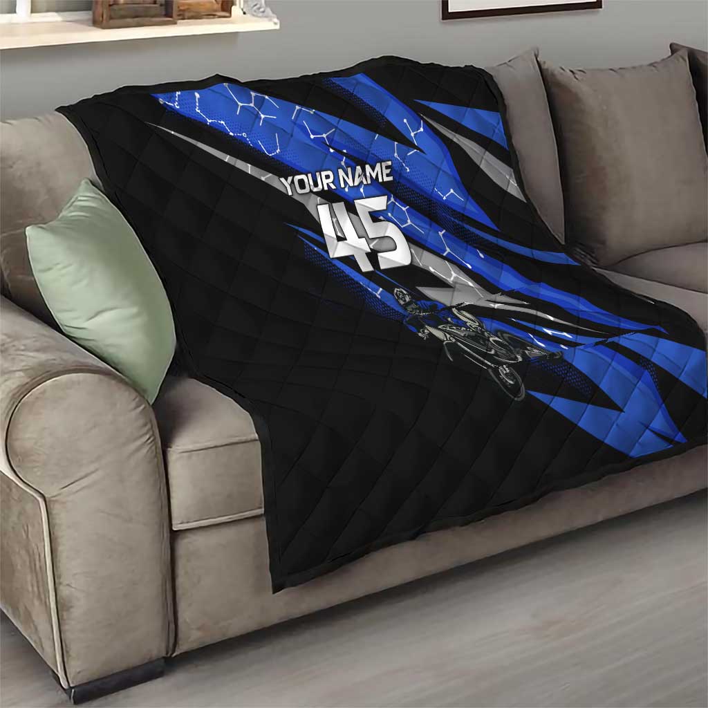 Personalized Extreme Motocross Quilt with Blue Rider – Dirt Bike Racing Design - Wonder Print Shop