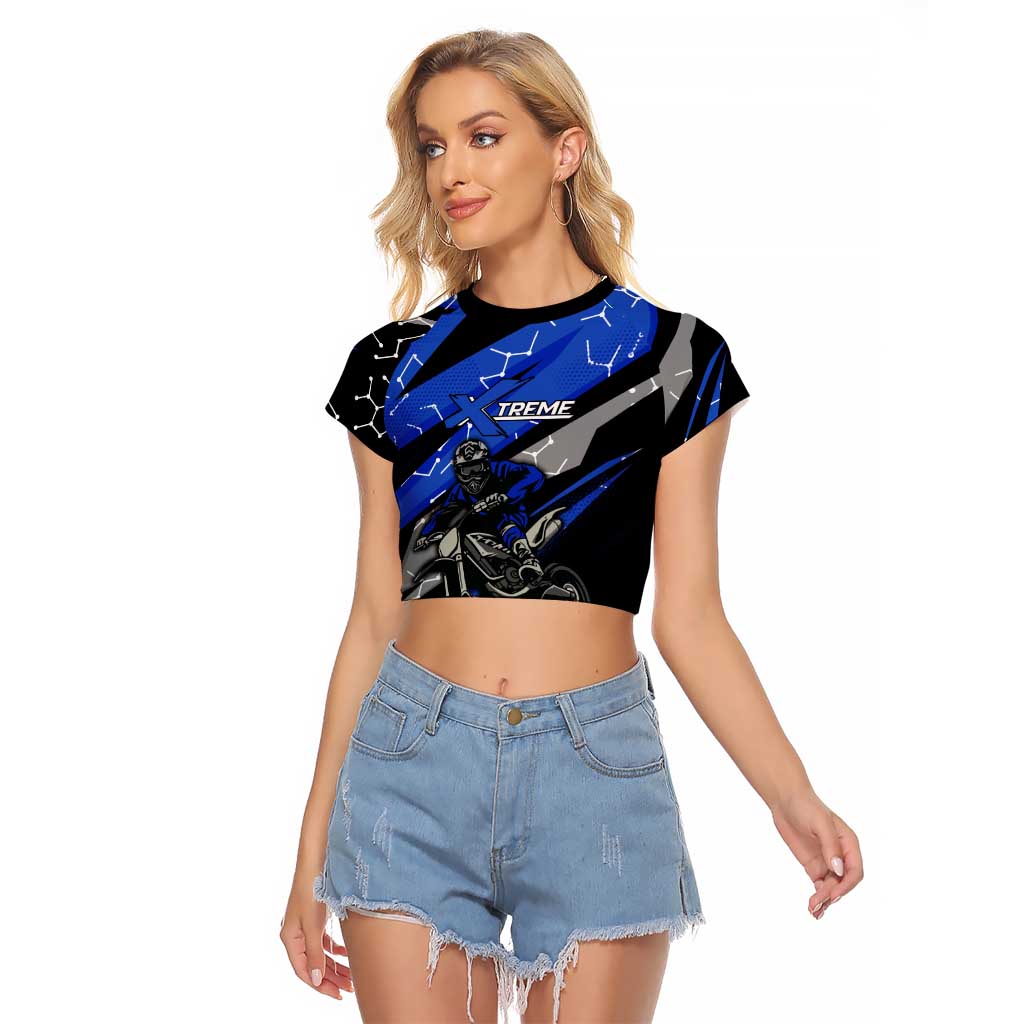 Personalized Extreme Motocross Raglan Cropped T Shirt with Blue Rider – Dirt Bike Racing Design - Wonder Print Shop