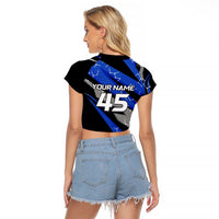 Personalized Extreme Motocross Raglan Cropped T Shirt with Blue Rider – Dirt Bike Racing Design - Wonder Print Shop