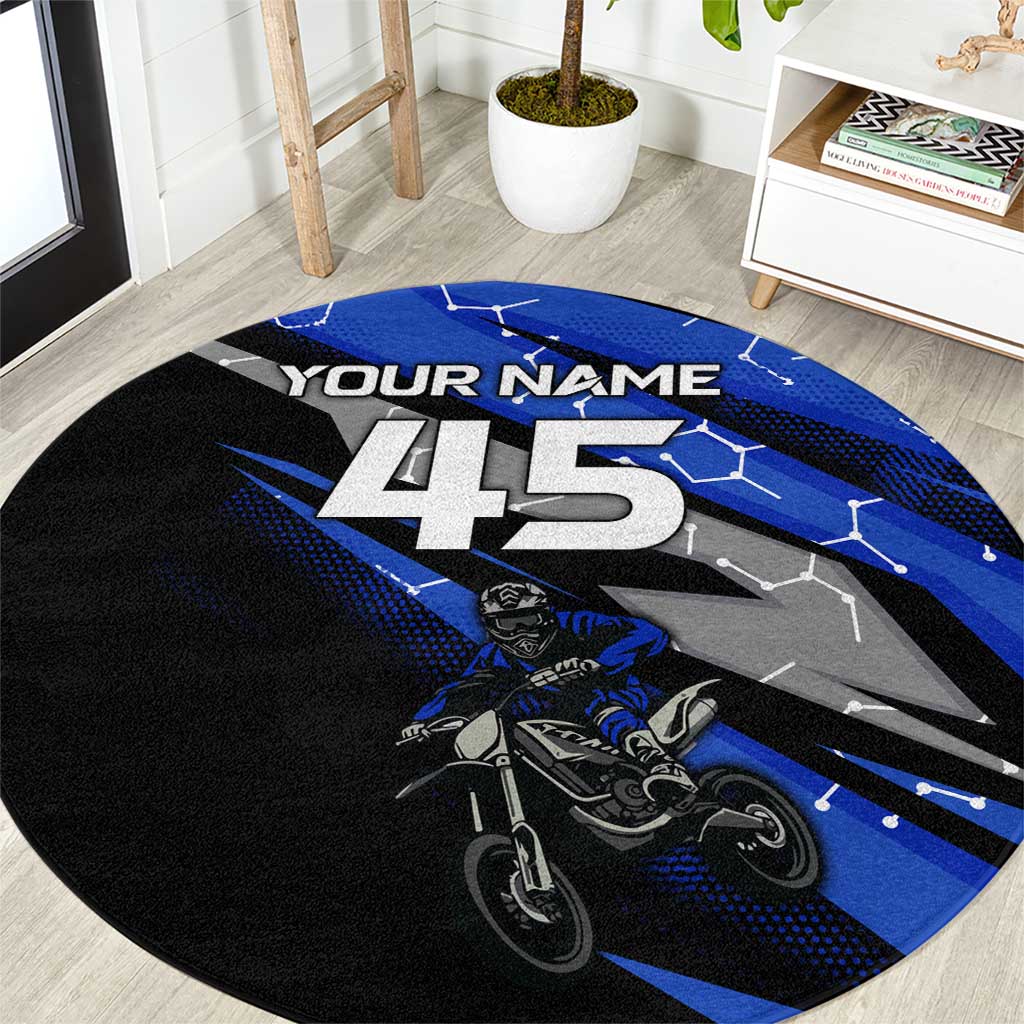 Personalized Extreme Motocross Round Carpet with Blue Rider – Dirt Bike Racing Design - Wonder Print Shop