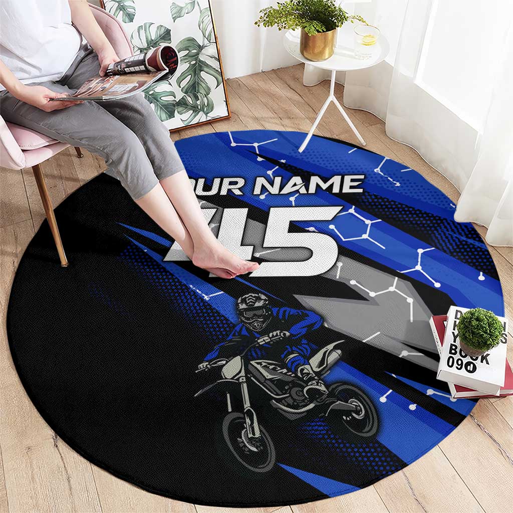 Personalized Extreme Motocross Round Carpet with Blue Rider – Dirt Bike Racing Design - Wonder Print Shop