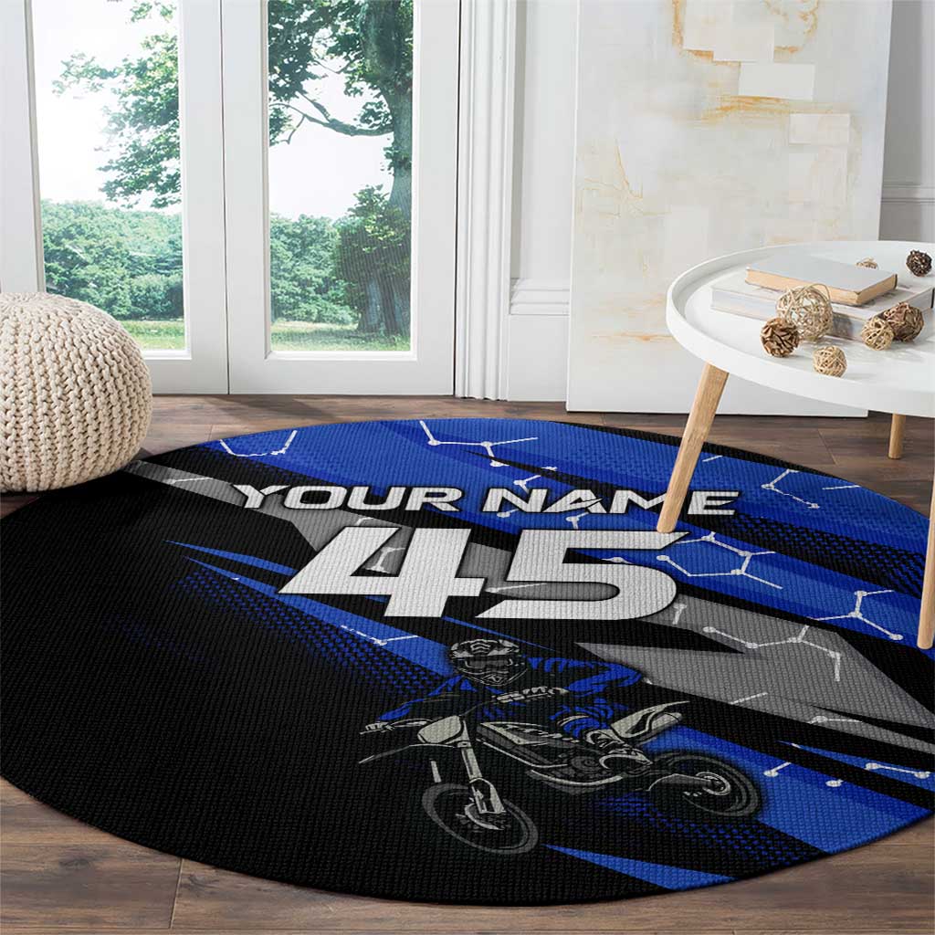 Personalized Extreme Motocross Round Carpet with Blue Rider – Dirt Bike Racing Design - Wonder Print Shop