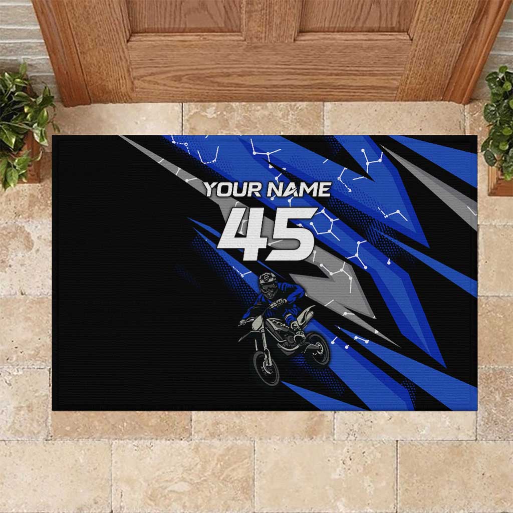 Personalized Extreme Motocross Rubber Doormat with Blue Rider – Dirt Bike Racing Design - Wonder Print Shop
