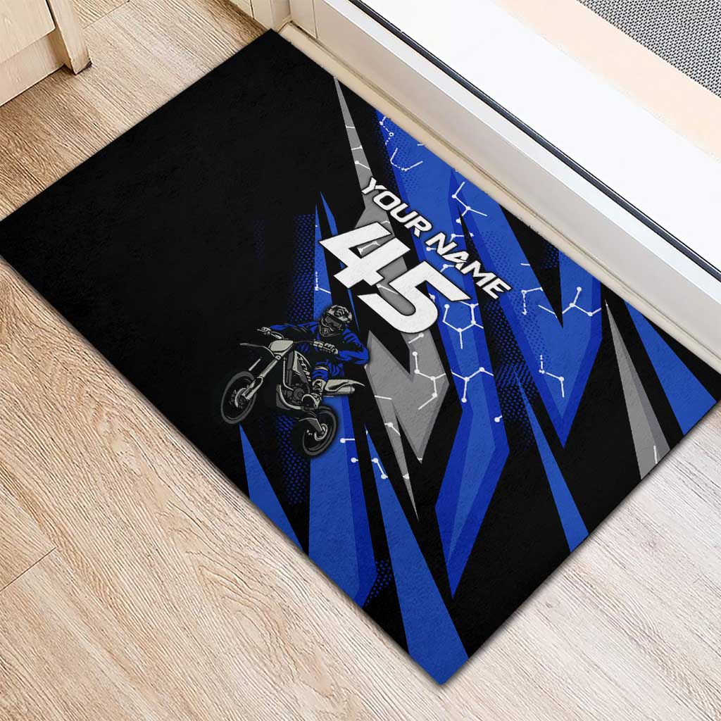 Personalized Extreme Motocross Rubber Doormat with Blue Rider – Dirt Bike Racing Design - Wonder Print Shop