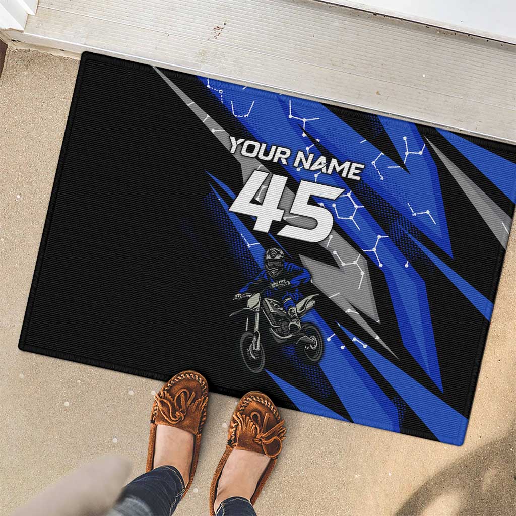 Personalized Extreme Motocross Rubber Doormat with Blue Rider – Dirt Bike Racing Design - Wonder Print Shop