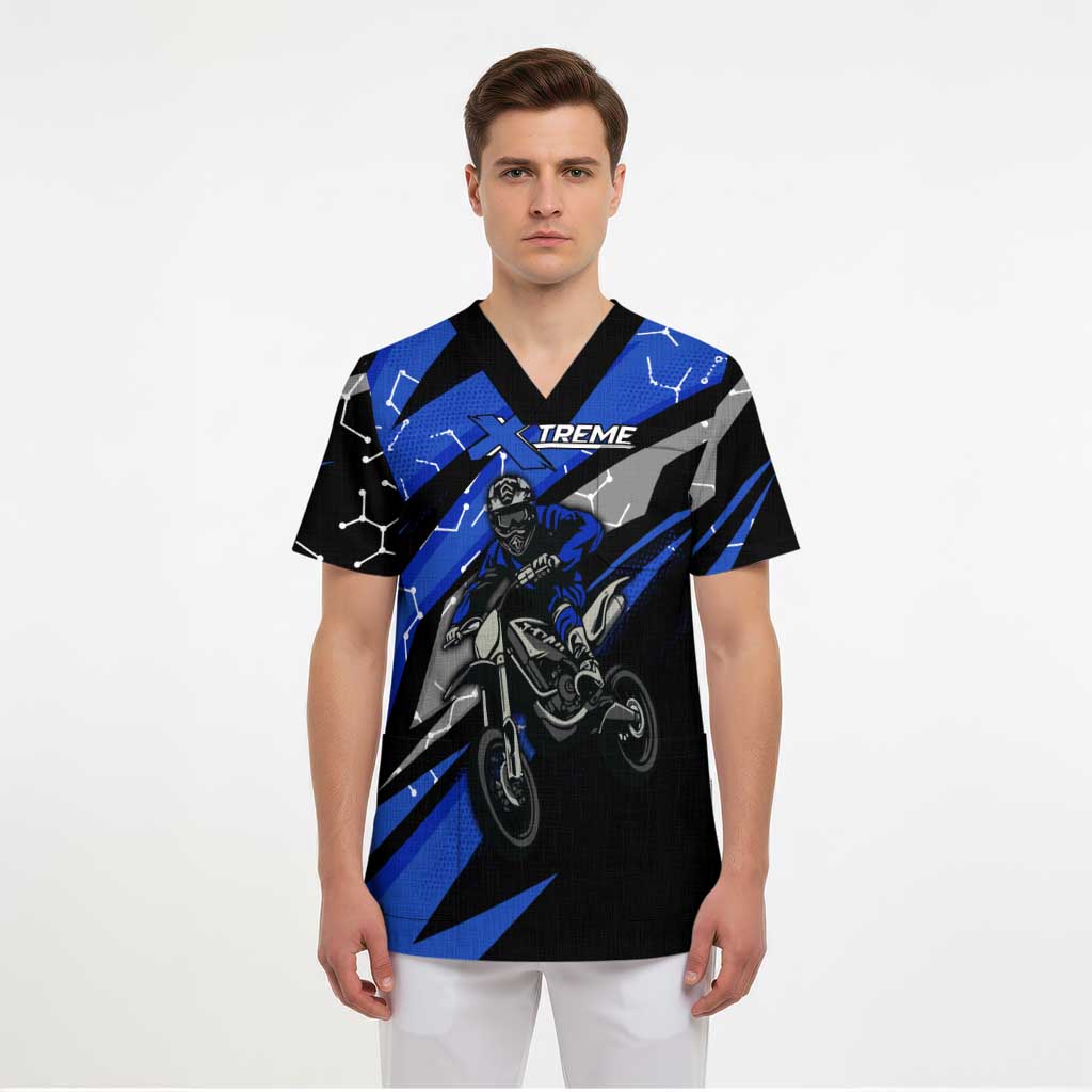 Personalized Extreme Motocross Scrub Top with Blue Rider – Dirt Bike Racing Design - Wonder Print Shop
