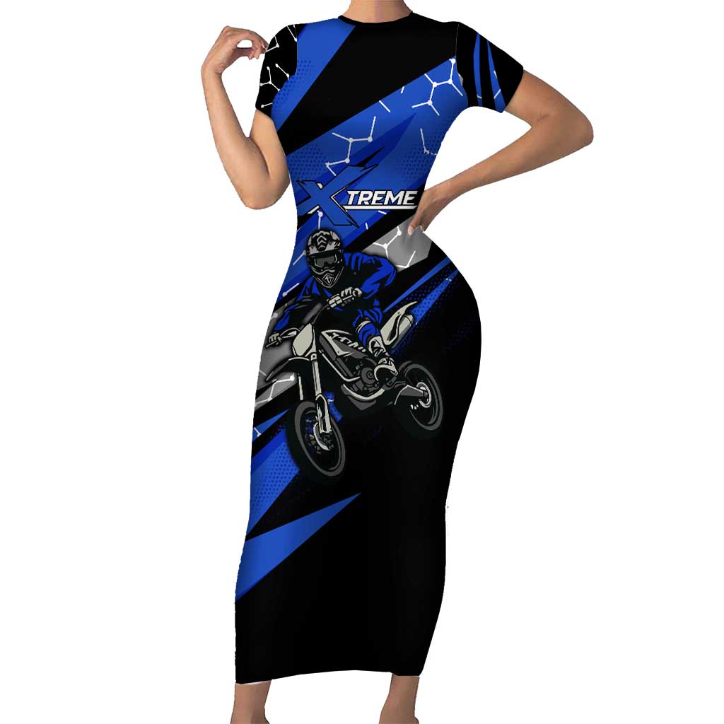 Personalized Extreme Motocross Short Sleeve Bodycon Dress with Blue Rider – Dirt Bike Racing Design - Wonder Print Shop