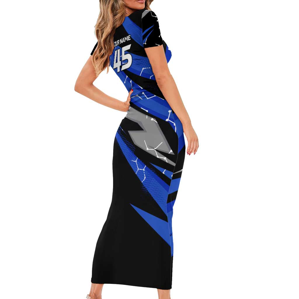 Personalized Extreme Motocross Short Sleeve Bodycon Dress with Blue Rider – Dirt Bike Racing Design - Wonder Print Shop