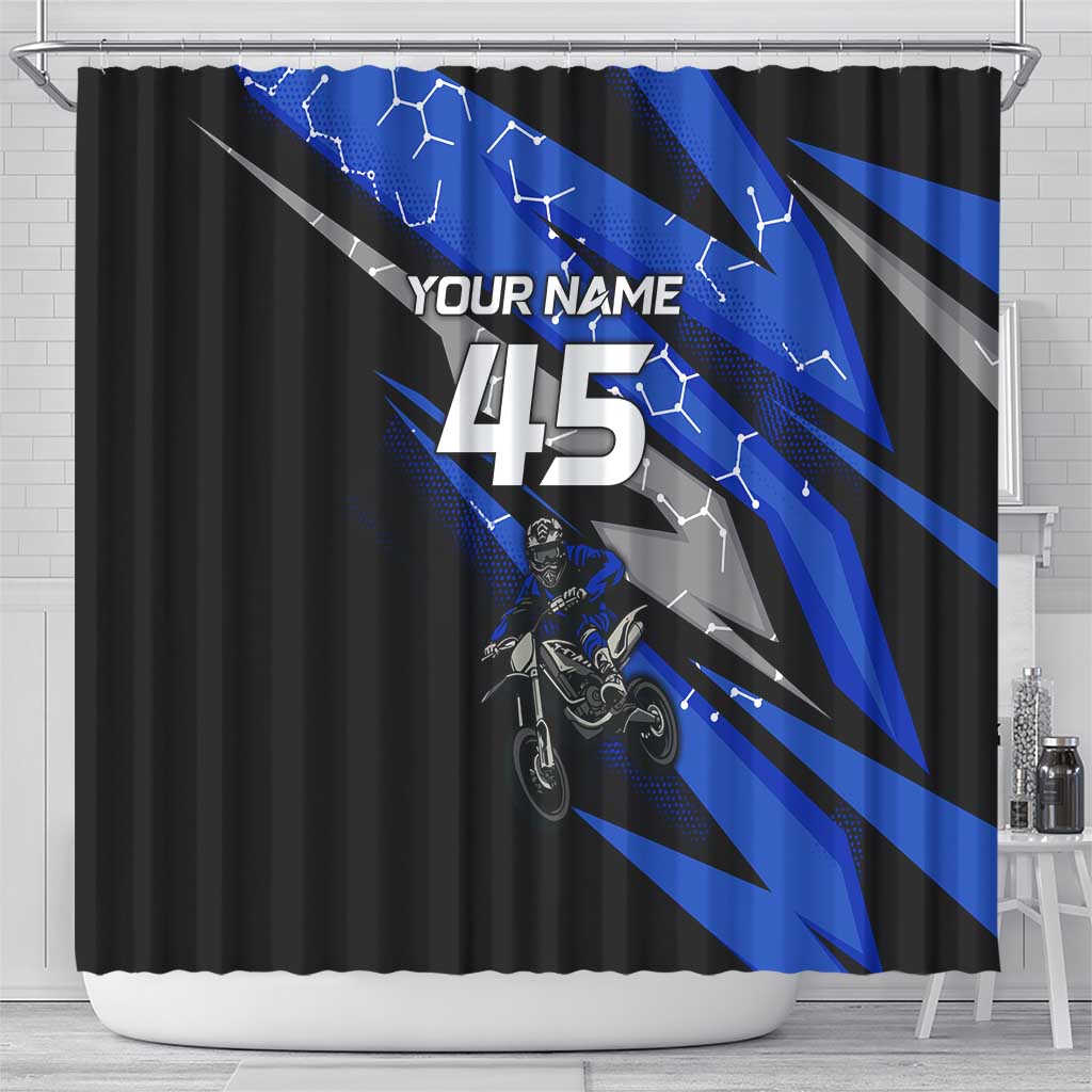 Personalized Extreme Motocross Shower Curtain with Blue Rider – Dirt Bike Racing Design - Wonder Print Shop