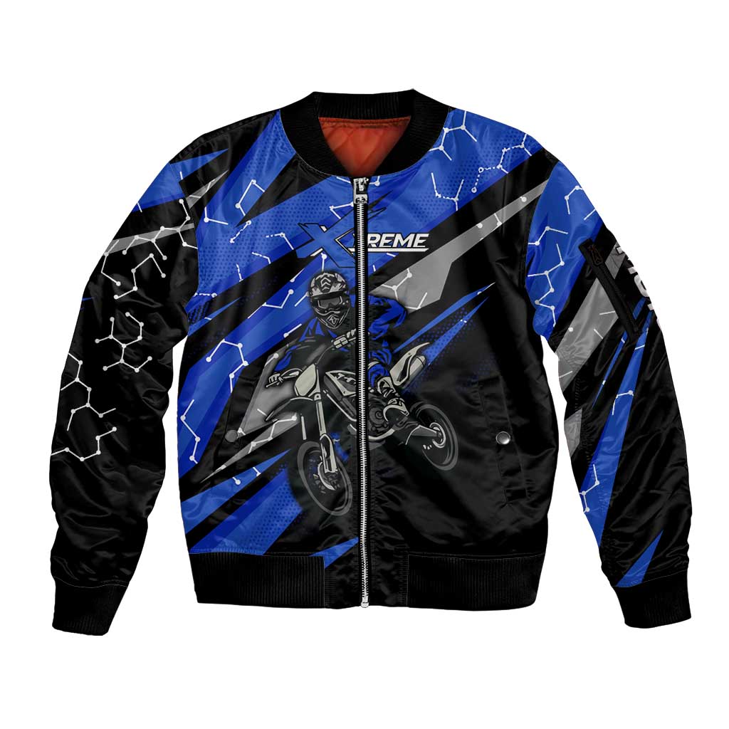 Personalized Extreme Motocross Sleeve Zip Bomber Jacket with Blue Rider – Dirt Bike Racing Design - Wonder Print Shop