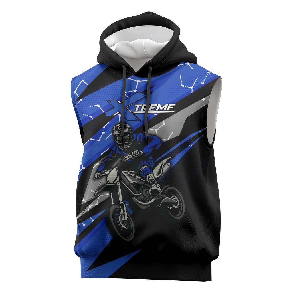 Personalized Extreme Motocross Sleeveless Hoodie with Blue Rider – Dirt Bike Racing Design - Wonder Print Shop