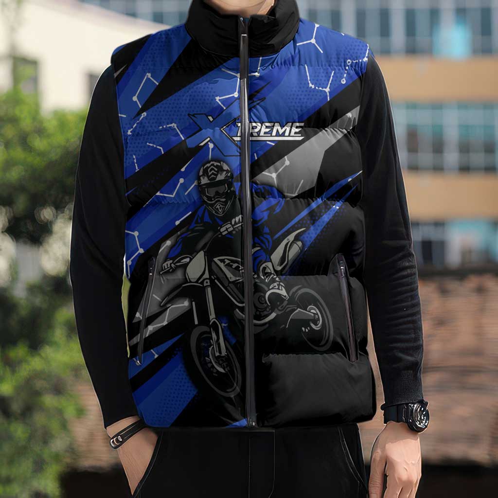 Personalized Extreme Motocross Sleeveless Puffer Jacket with Blue Rider – Dirt Bike Racing Design - Wonder Print Shop