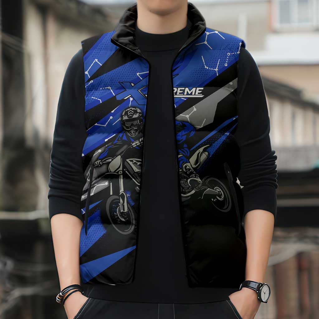 Personalized Extreme Motocross Sleeveless Puffer Jacket with Blue Rider – Dirt Bike Racing Design - Wonder Print Shop