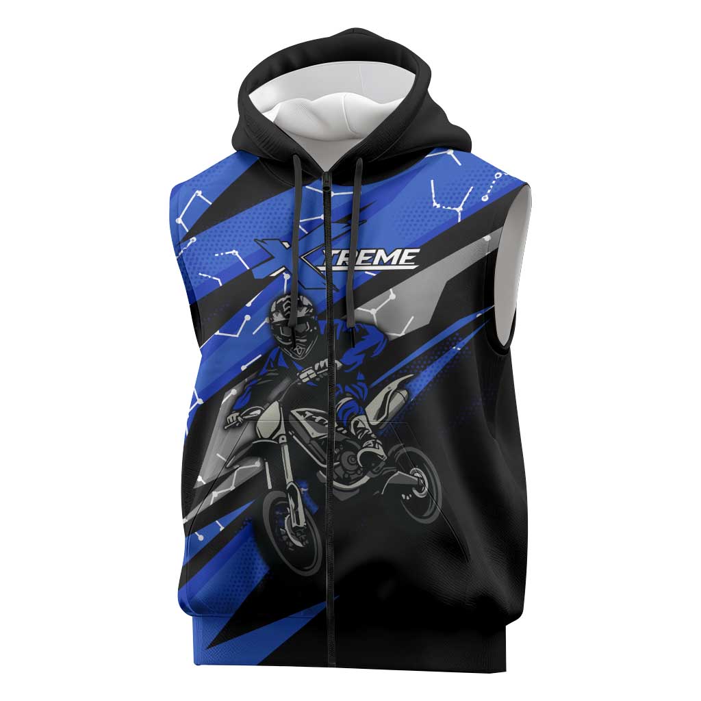 Personalized Extreme Motocross Sleeveless Zip Hoodie with Blue Rider – Dirt Bike Racing Design - Wonder Print Shop