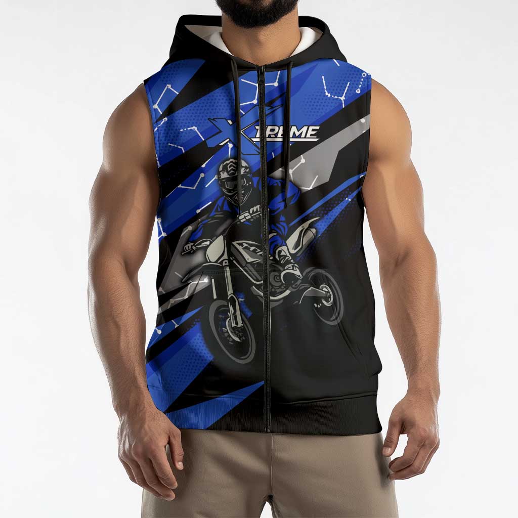 Personalized Extreme Motocross Sleeveless Zip Hoodie with Blue Rider – Dirt Bike Racing Design - Wonder Print Shop