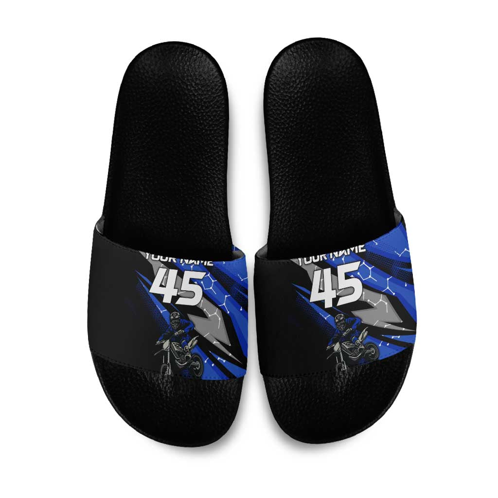 Personalized Extreme Motocross Slide Sandals with Blue Rider – Dirt Bike Racing Design - Wonder Print Shop