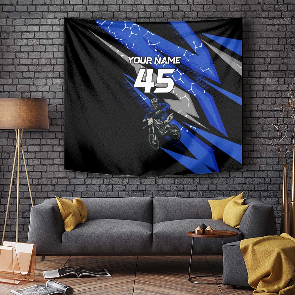 Personalized Extreme Motocross Tapestry with Blue Rider – Dirt Bike Racing Design - Wonder Print Shop