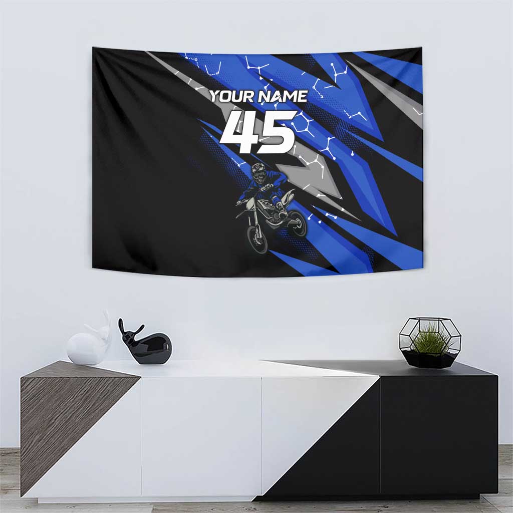 Personalized Extreme Motocross Tapestry with Blue Rider – Dirt Bike Racing Design - Wonder Print Shop