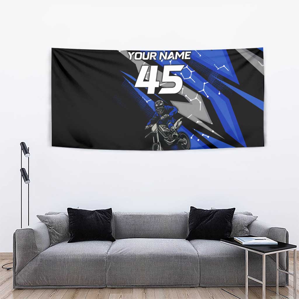 Personalized Extreme Motocross Tapestry with Blue Rider – Dirt Bike Racing Design - Wonder Print Shop