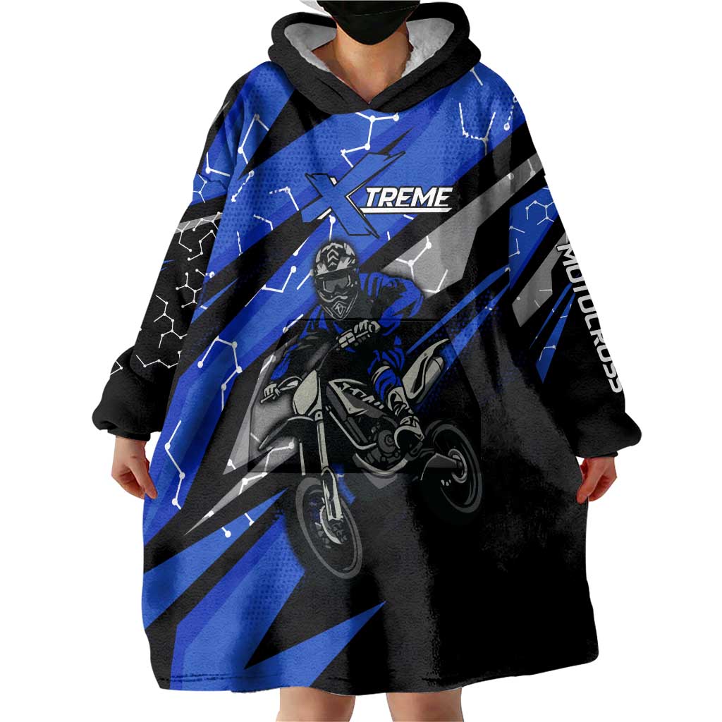 Personalized Extreme Motocross Wearable Blanket Hoodie with Blue Rider – Dirt Bike Racing Design - Wonder Print Shop