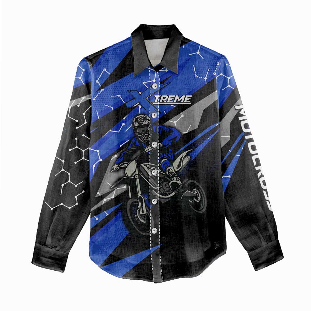 Personalized Extreme Motocross Women Casual Shirt with Blue Rider – Dirt Bike Racing Design - Wonder Print Shop