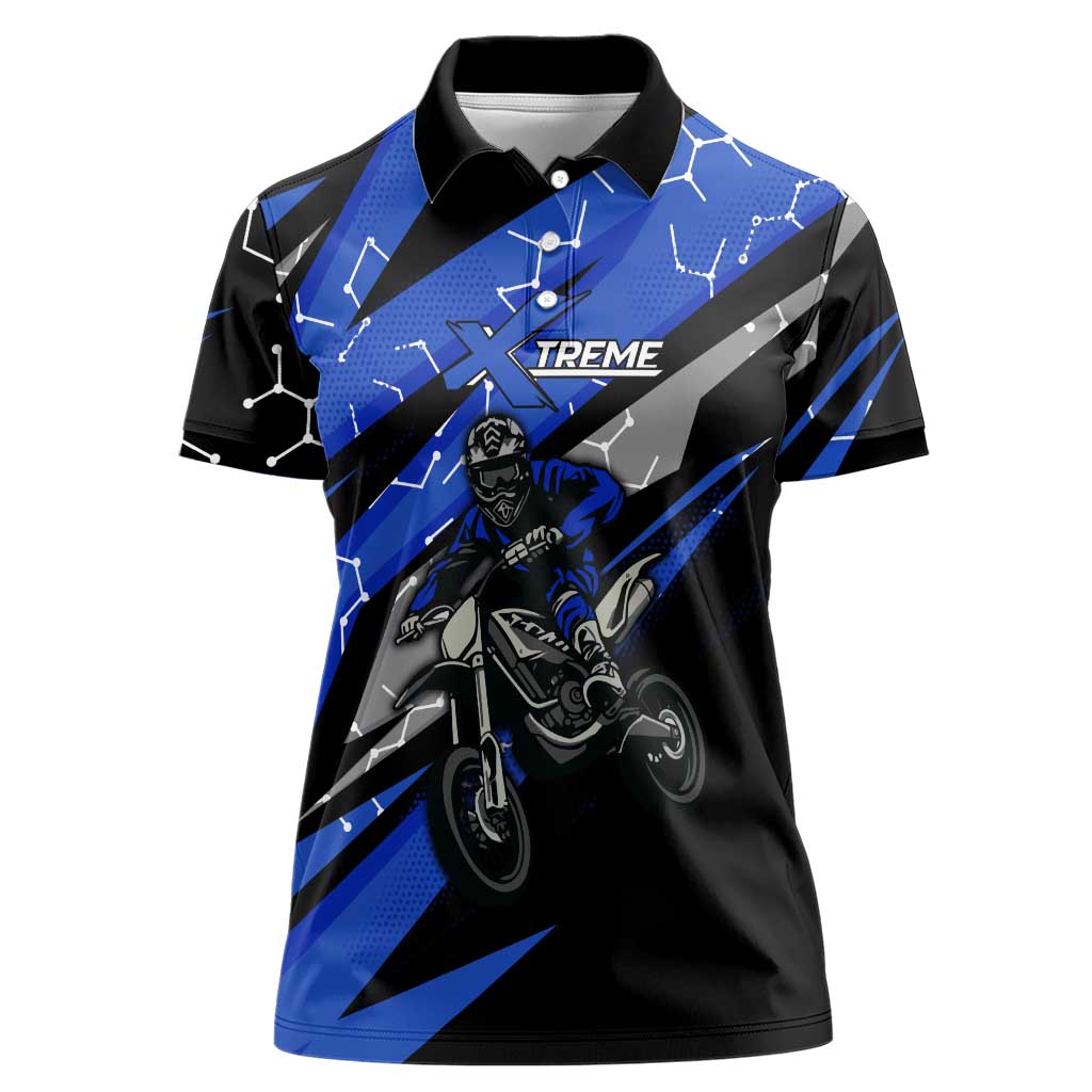 Personalized Extreme Motocross Women Polo Shirt with Blue Rider – Dirt Bike Racing Design - Wonder Print Shop
