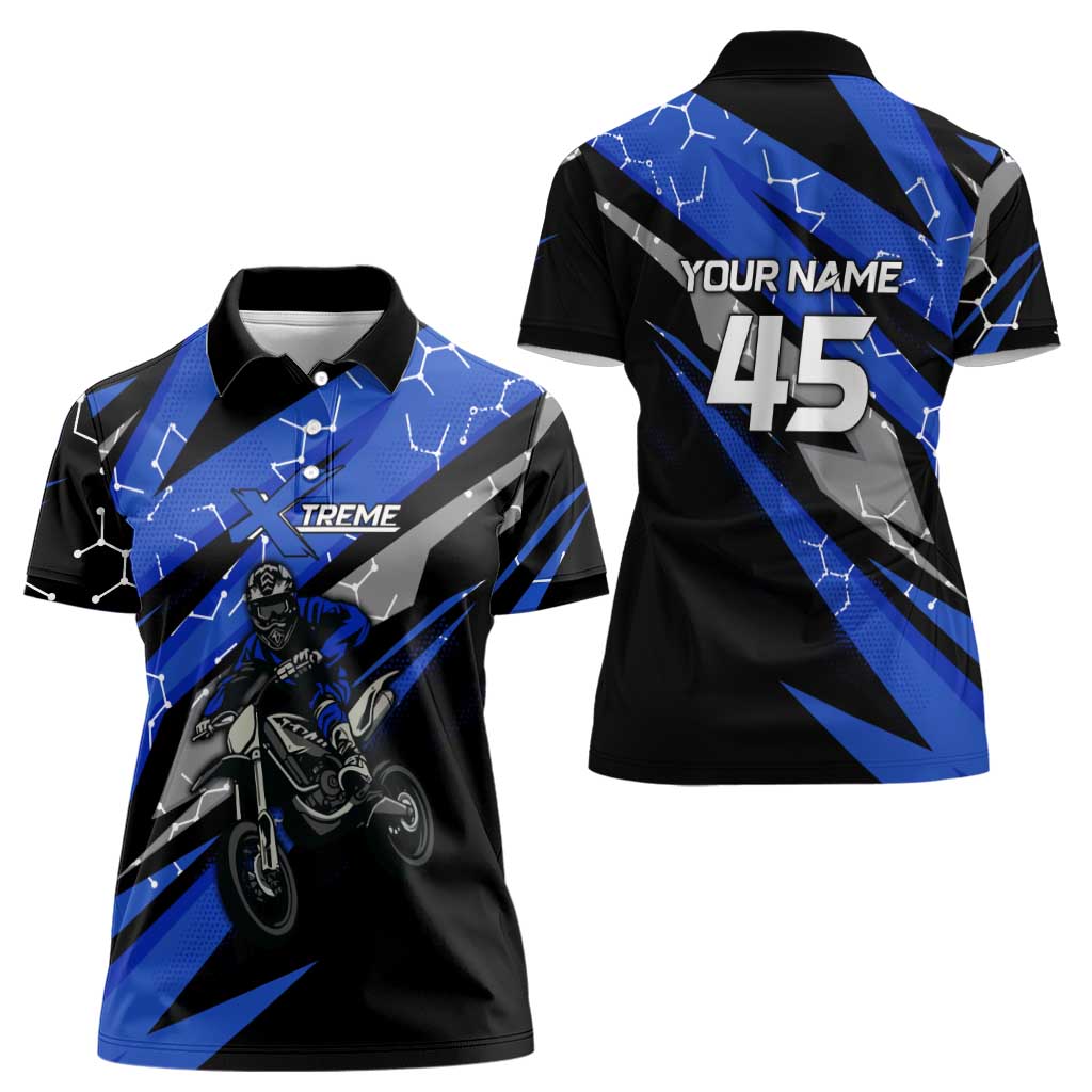 Personalized Extreme Motocross Women Polo Shirt with Blue Rider – Dirt Bike Racing Design - Wonder Print Shop