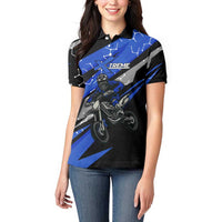 Personalized Extreme Motocross Women Polo Shirt with Blue Rider – Dirt Bike Racing Design - Wonder Print Shop