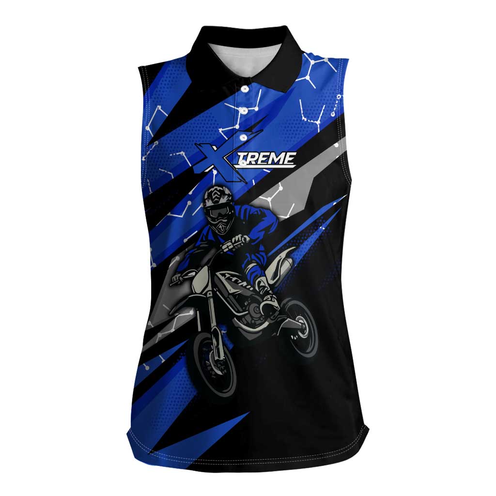 Personalized Extreme Motocross Women Sleeveless Polo Shirt with Blue Rider – Dirt Bike Racing Design - Wonder Print Shop