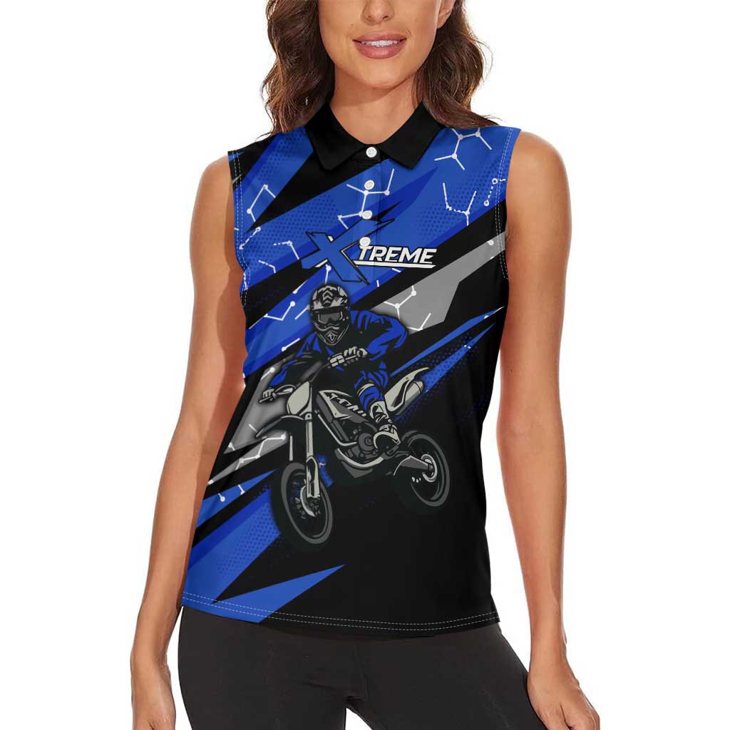 Personalized Extreme Motocross Women Sleeveless Polo Shirt with Blue Rider – Dirt Bike Racing Design - Wonder Print Shop