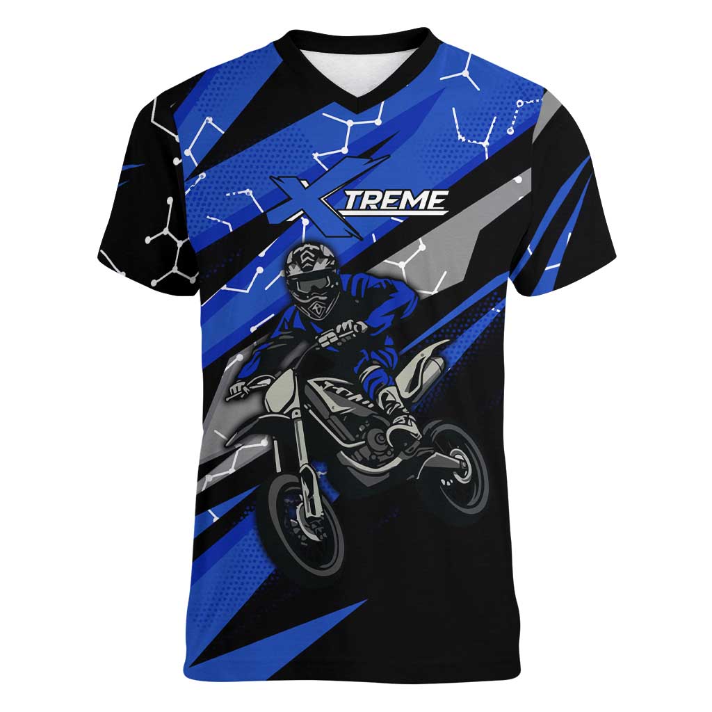 Personalized Extreme Motocross Women V-Neck T-Shirt with Blue Rider – Dirt Bike Racing Design - Wonder Print Shop