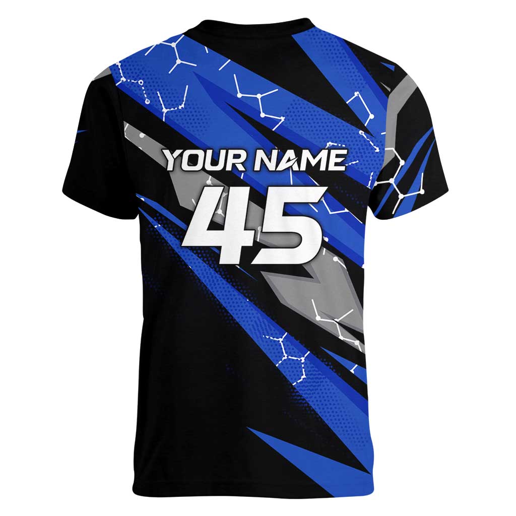 Personalized Extreme Motocross Women V-Neck T-Shirt with Blue Rider – Dirt Bike Racing Design - Wonder Print Shop