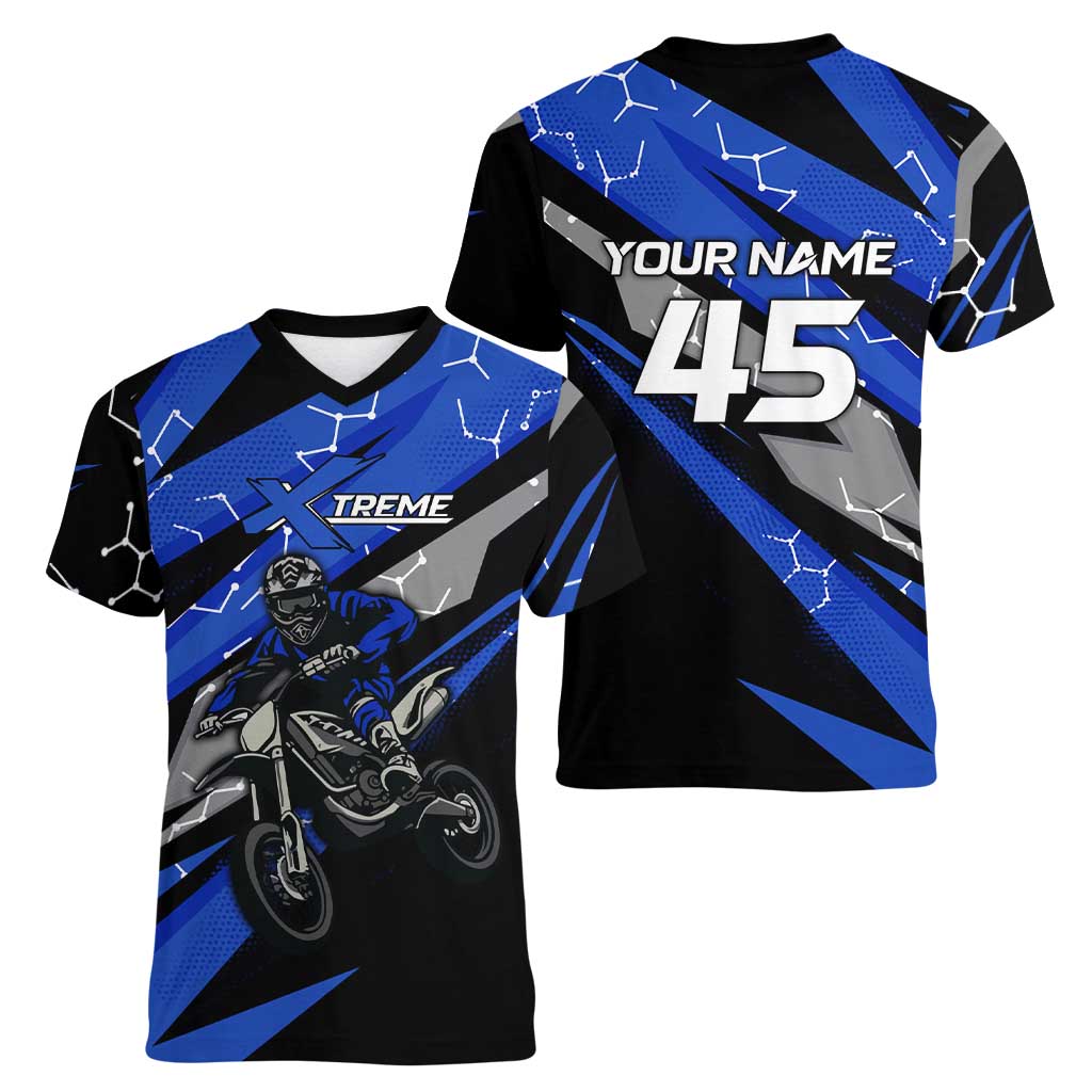 Personalized Extreme Motocross Women V-Neck T-Shirt with Blue Rider – Dirt Bike Racing Design - Wonder Print Shop
