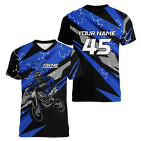 Personalized Extreme Motocross Women V-Neck T-Shirt with Blue Rider – Dirt Bike Racing Design - Wonder Print Shop