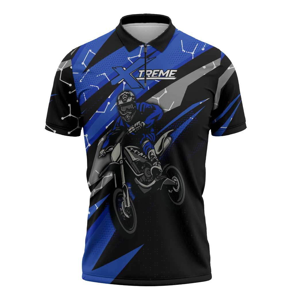 Personalized Extreme Motocross Zipper Polo Shirt with Blue Rider – Dirt Bike Racing Design - Wonder Print Shop