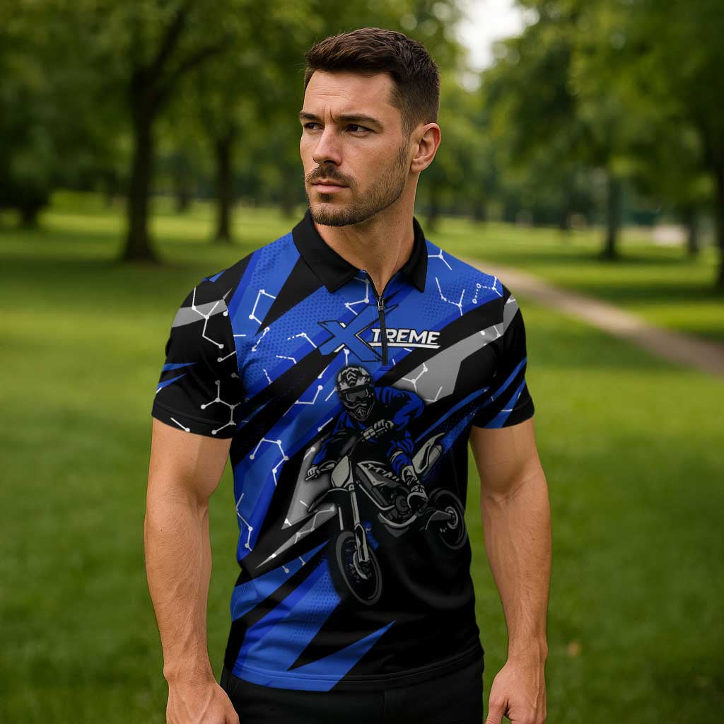 Personalized Extreme Motocross Zipper Polo Shirt with Blue Rider – Dirt Bike Racing Design - Wonder Print Shop