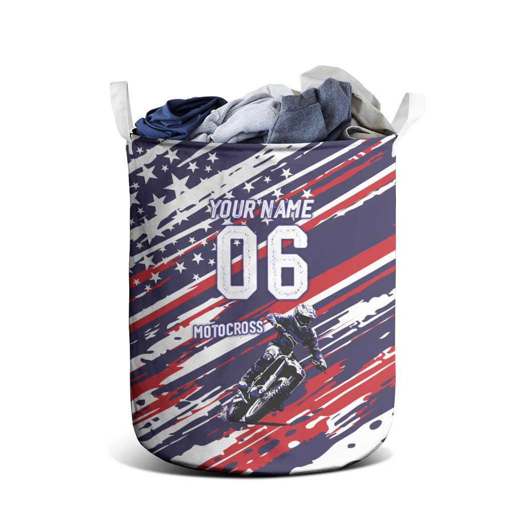 Personalized Patriotic Motocross Laundry Basket with USA Flag Colors – Dirt Bike Racing Design - Wonder Print Shop
